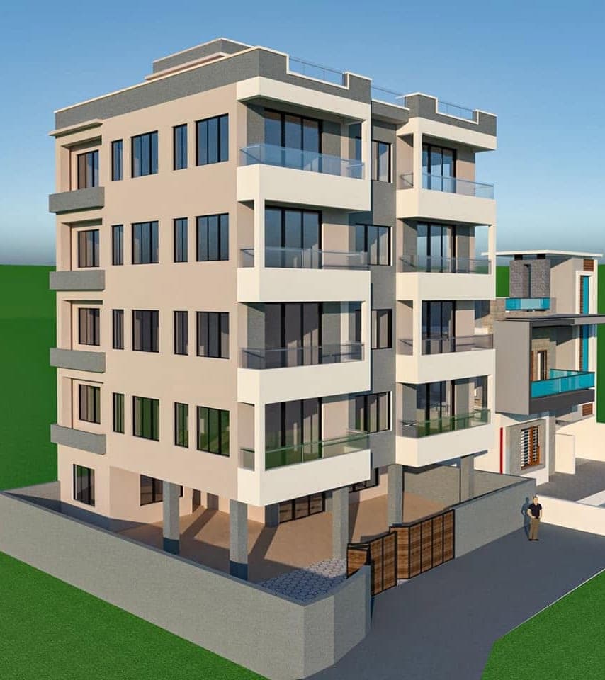 3D design visualisation of a five-storey residential building with cream walls, glass-railed balconies on every floor, an open ground-floor parking level and a walled compound with a wooden gate